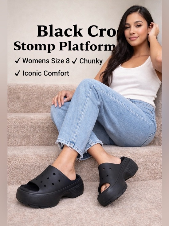 Crocs Stomp Platform Slide Sandals Womens Sz 8 Black Chunky casual iconic Shoes - Picture 4 of 9